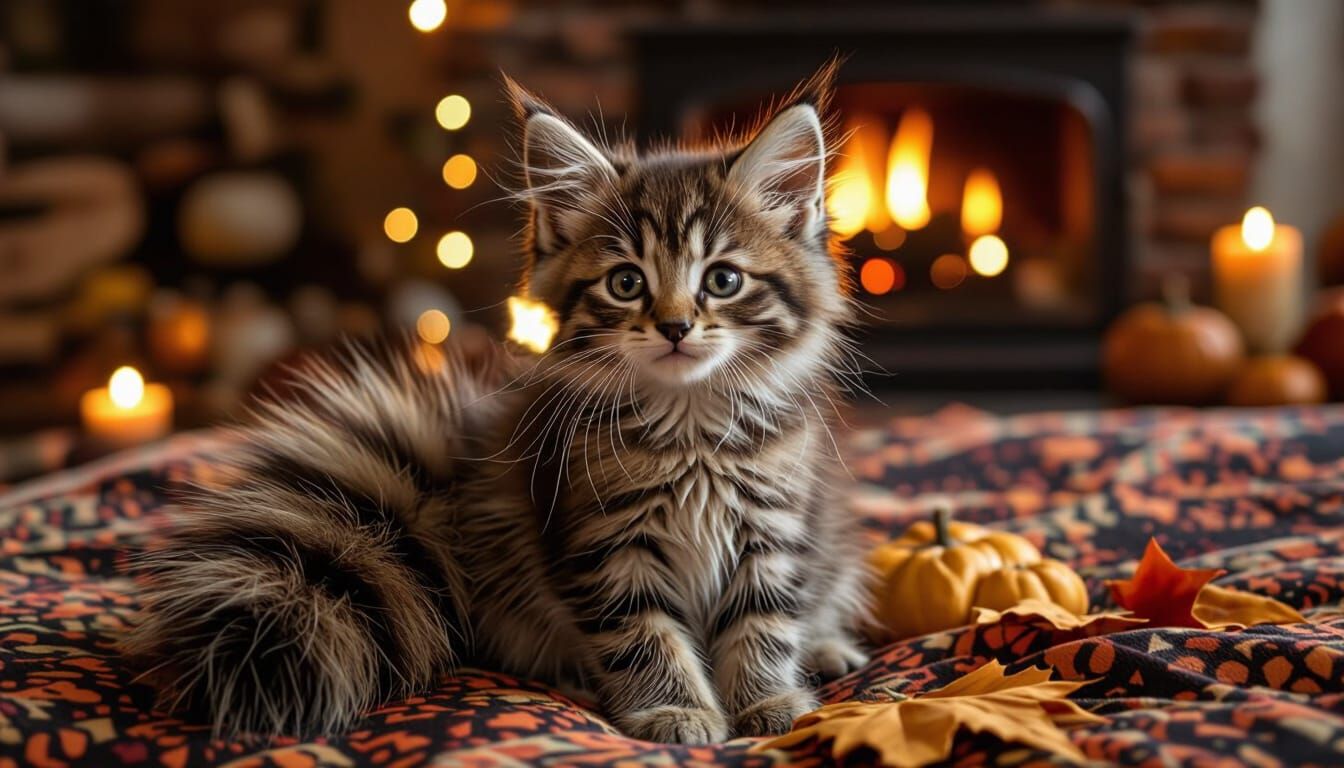 cute kitten with a big fluffy racoon tail on a bed in front of a fireplace during Halloween night