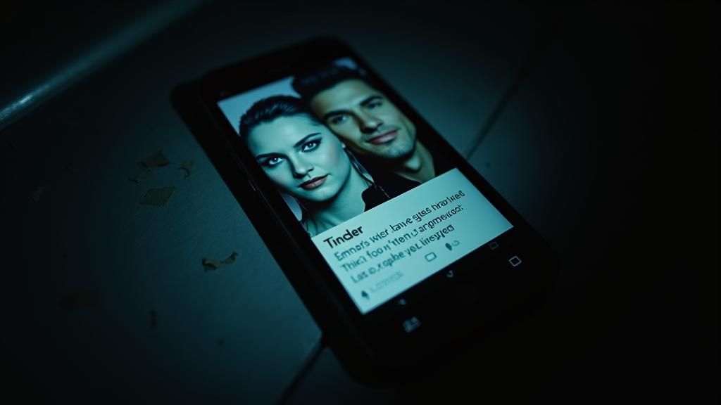 "Close-up of a smartphone screen showing a Tinder match between Emma (quick, intelligent eyes and a cautious expression) and Leo (handsome m...