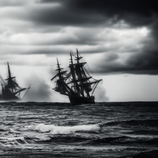 Two pirate ships fighting on stormy sea, cinematic, sinister...