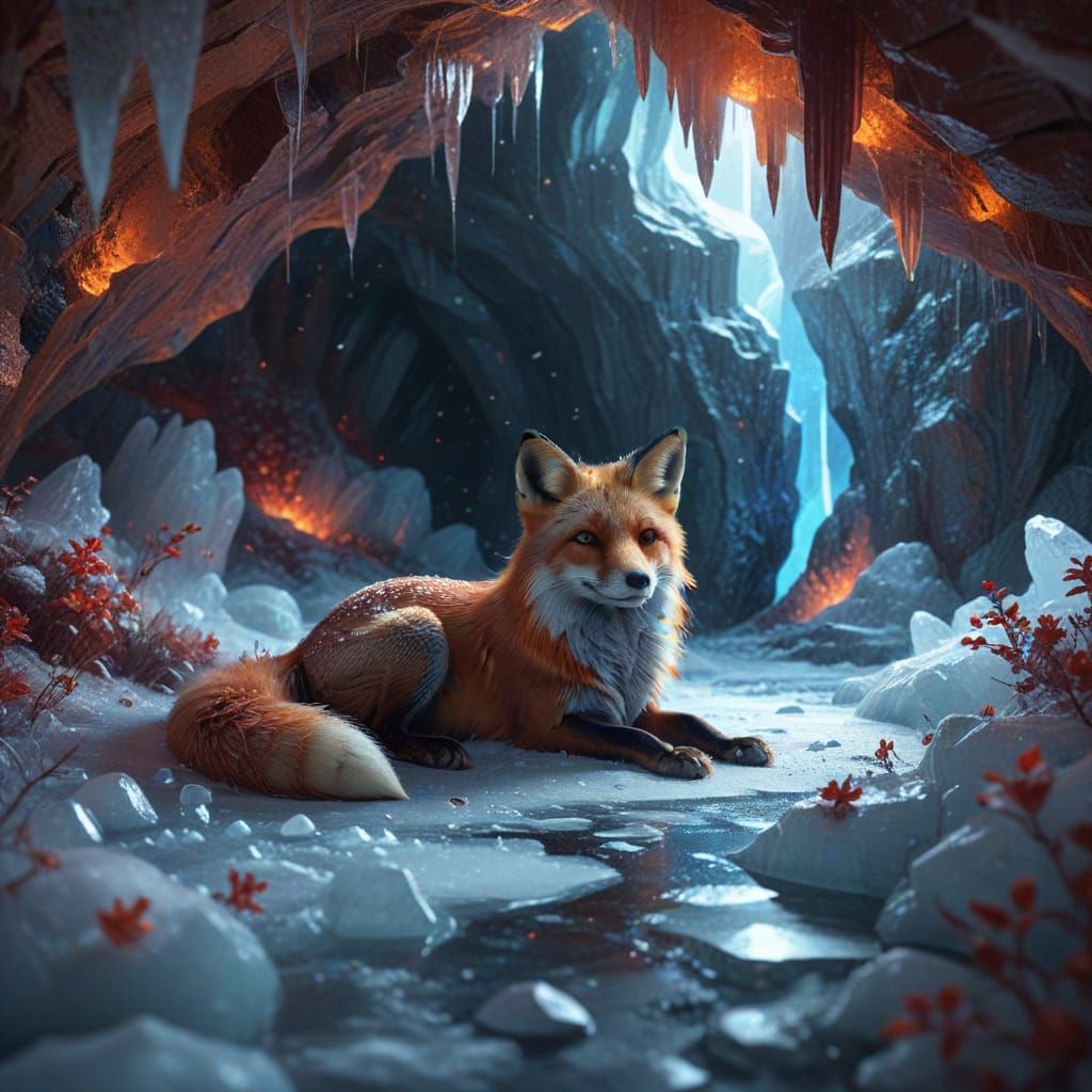 Red Fox Rests in Ethereal Ice Cave