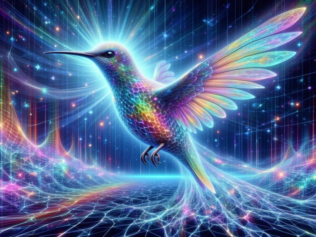 <lora:FiosQuantumFractal:1.0> Hummingbird burst of color