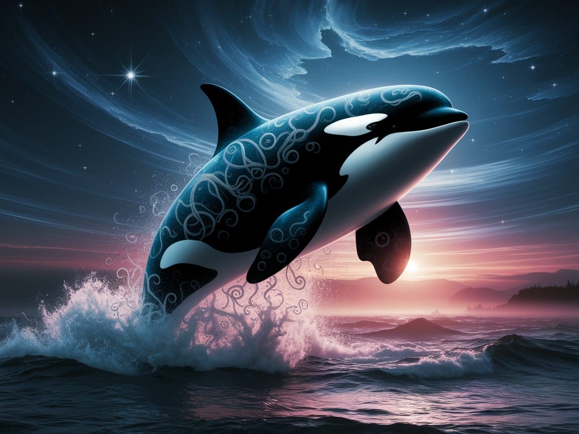Magnificent Orca jump out of water.