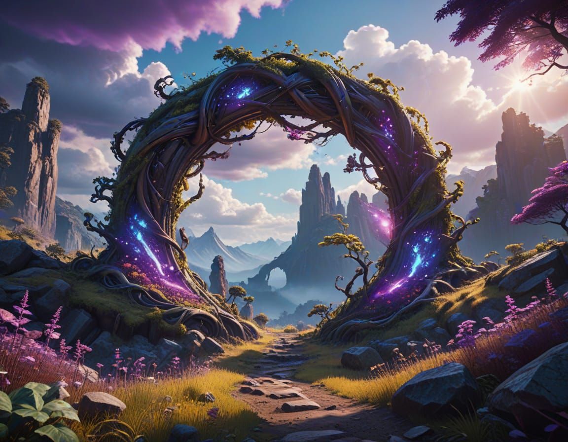 Surreal Landscape with Infinity Loop and Glowing Portal