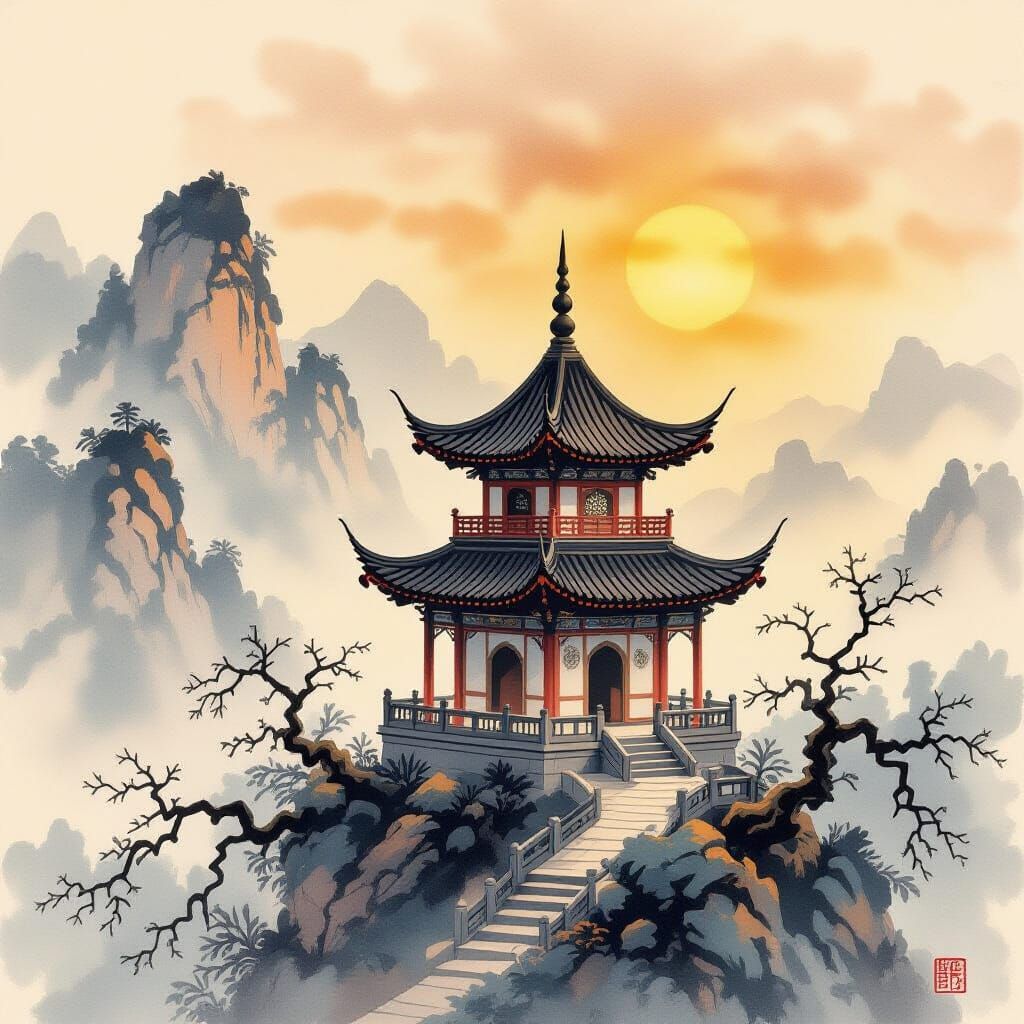 A solitary pagoda stands on a mist-shrouded mountain peak, overlooking a vast, ethereal landscape. Wisps ...  by @Debbie Dwarika