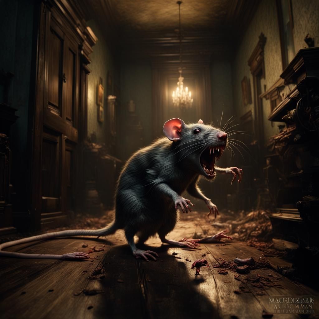 demonic zombie rat Screaming on a Spooky room (close up) night dark lighting deep depth of