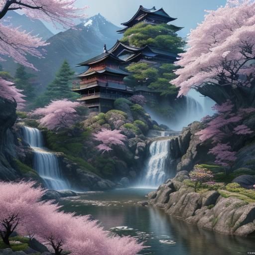 Japanese Waterfall and mountains, flowers, cherry trees, roc...