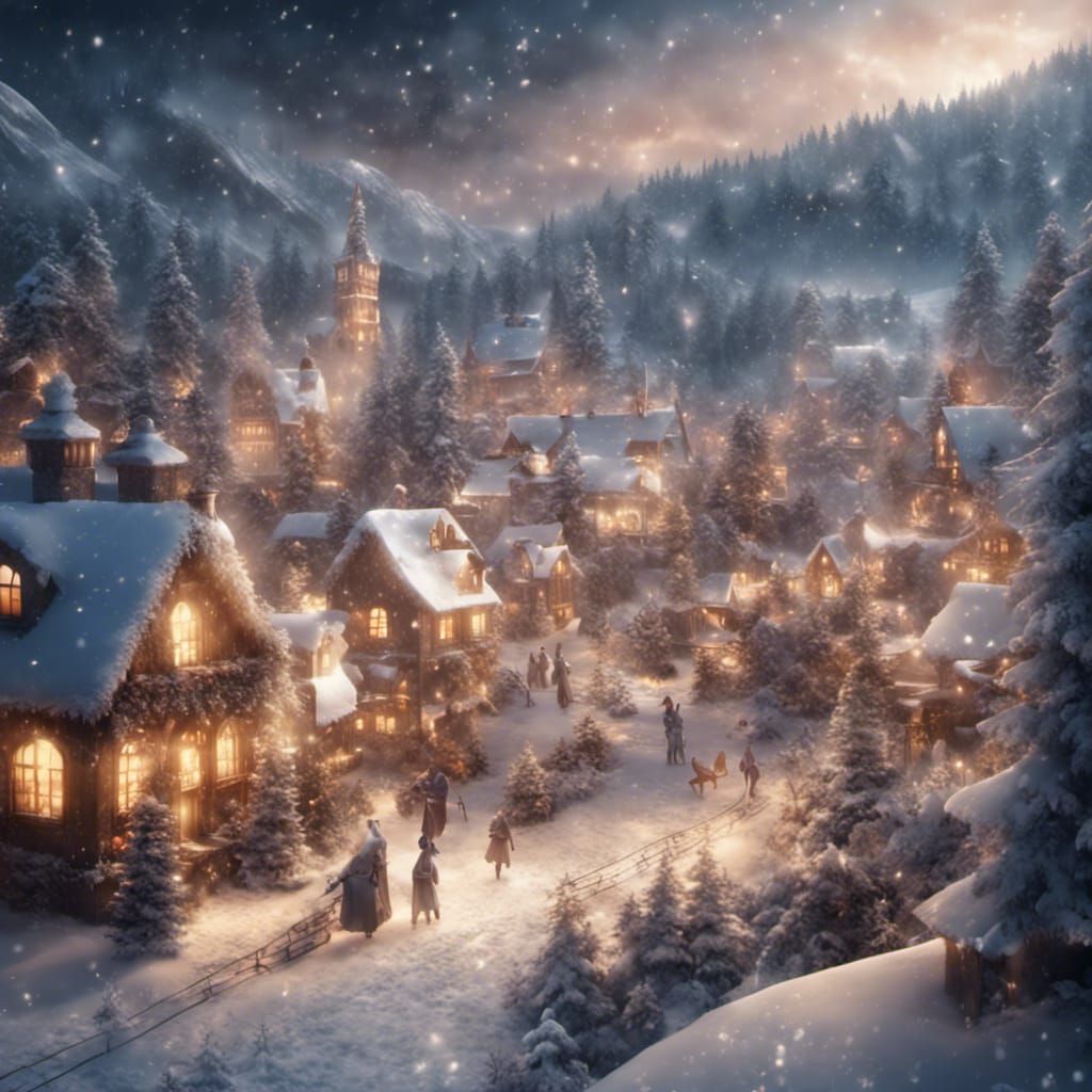Sparkling Christmas village with radiant snow falling. Epic ...