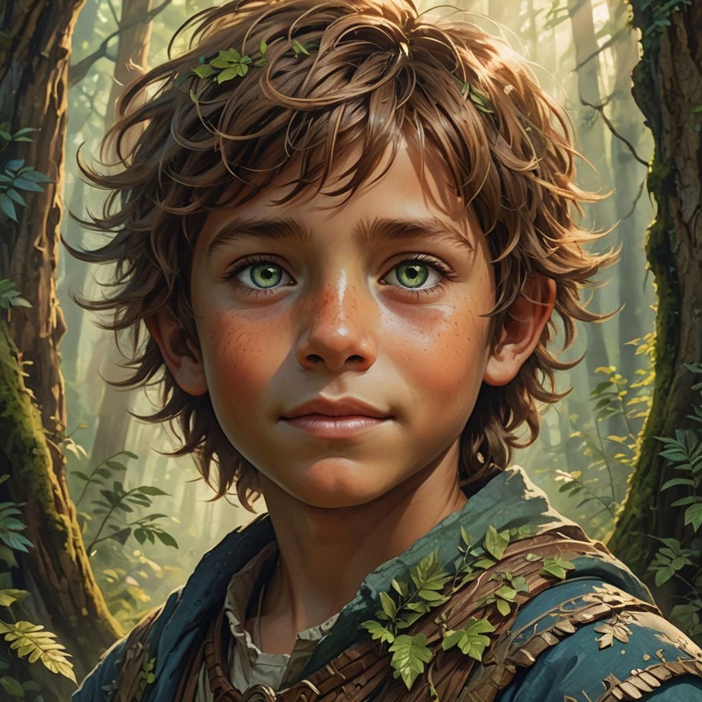 Fantasy Portrait: Boy with Green Eyes in Forest