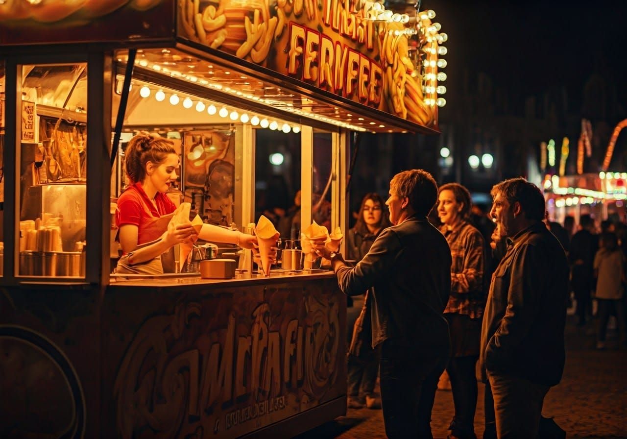 Cones of Frech Fries at a fair in Belgium, a typical street food.