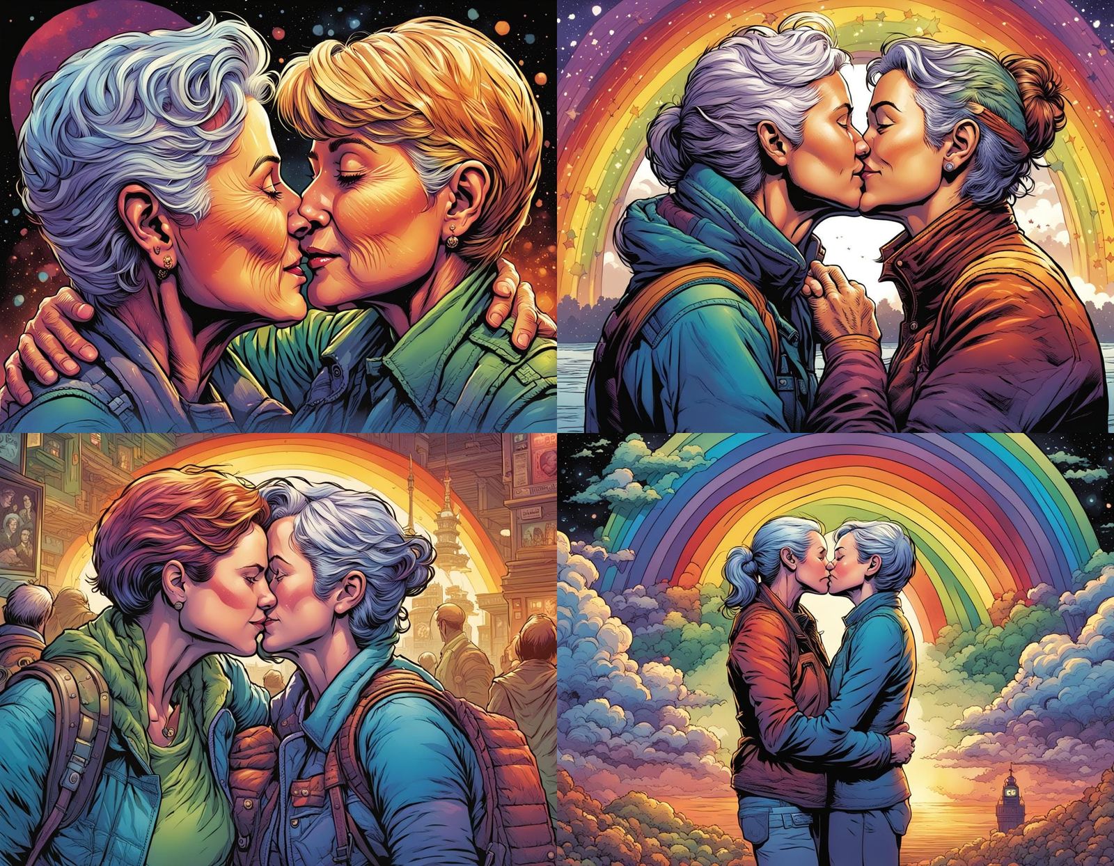 rainbow older lesbians kissing - AI Generated Artwork - NightCafe Creator