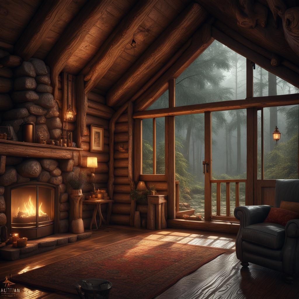 a cozy wooden cabin in the woods. it is raining. view from i...