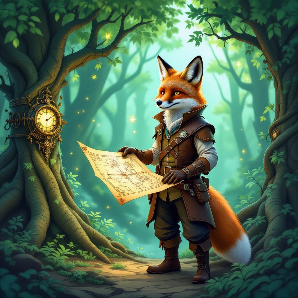 An anthropomorphic fox, clad in a worn leather adventurer's outfit, stands at the edge of a glowing, enchanted forest. The trees have roots ...