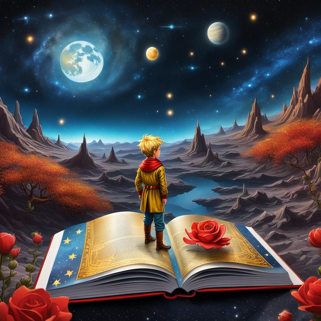 Pop-up book of the Little Prince and his red rose on asteroi...