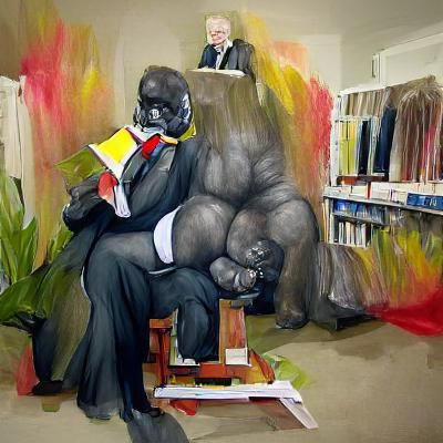 An artist paints a gorilla in a suit reading freud