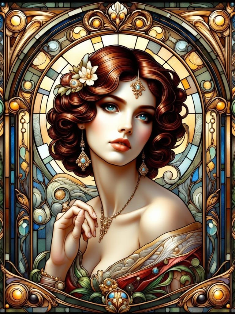 Hungarian Noblewoman in Art Nouveau Stained Glass Style