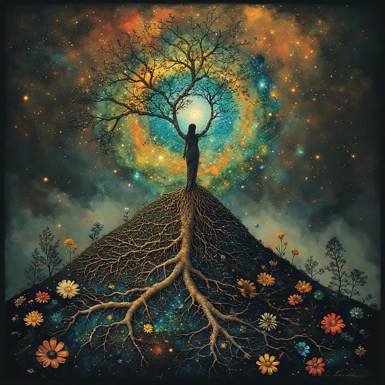 She rises from a dark forest floor, blossoming like a tree