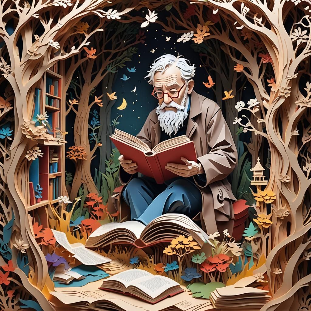 Old man reading a book, Kirigami image, - AI Generated Artwork ...