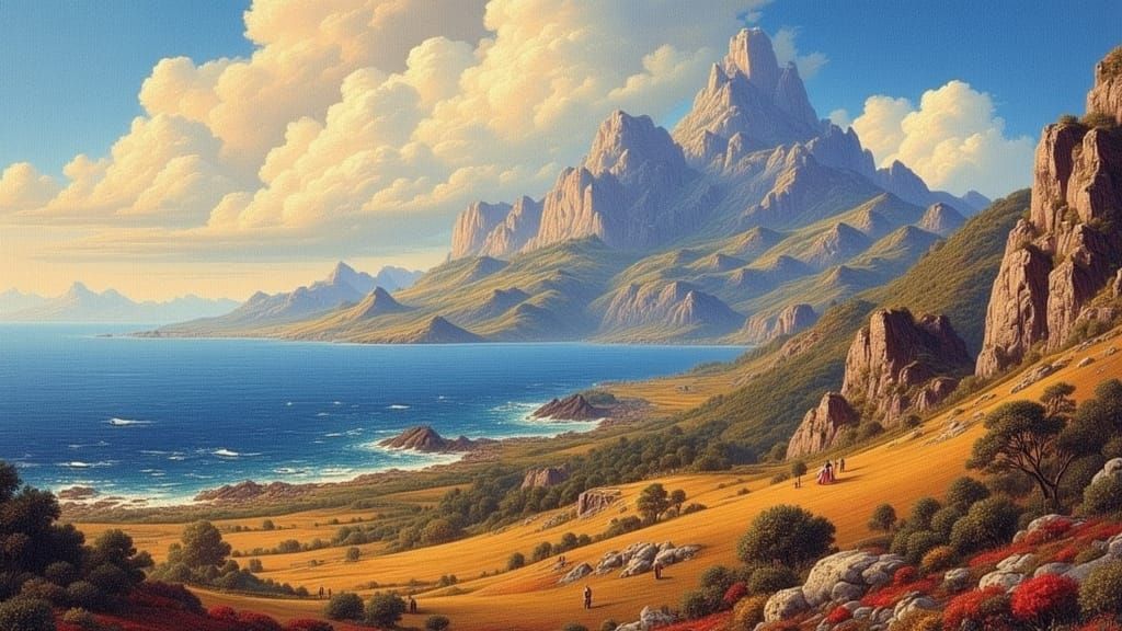 <lora:Concelo:1.0> in the style of an ancient shroud, long view, storytelling, distant figures overlooking view from precipice :: [This ima...