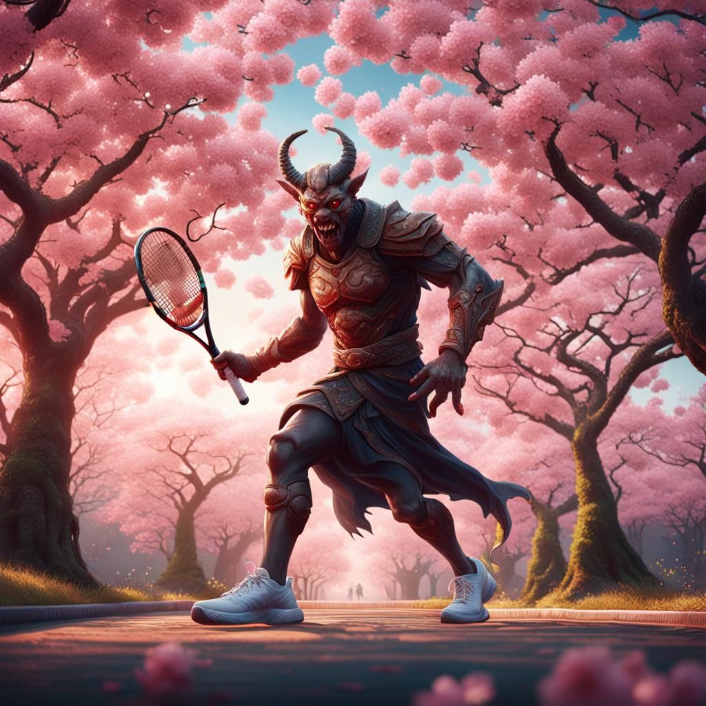 A tennis player playing
 with a demon in front of cherry blo...