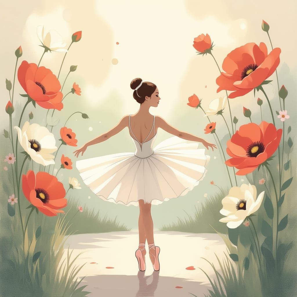 A vintage-style illustration of a delicate ballerina, mid-pirouette, surrounded by an explosion of whimsical, oversized wildflowers. The sce...