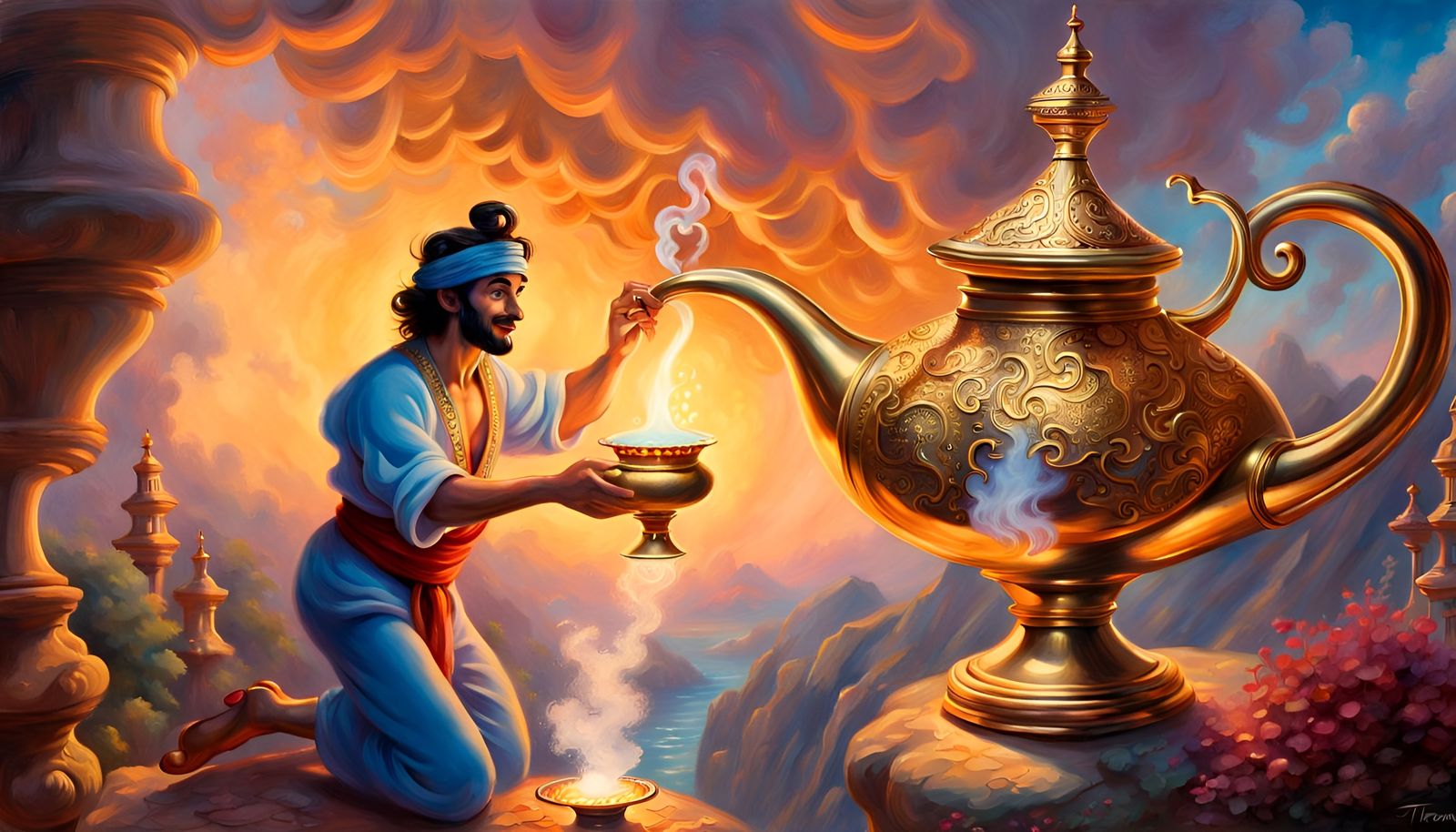 Fantastical Genie Emerges from Aladdin's Lamp