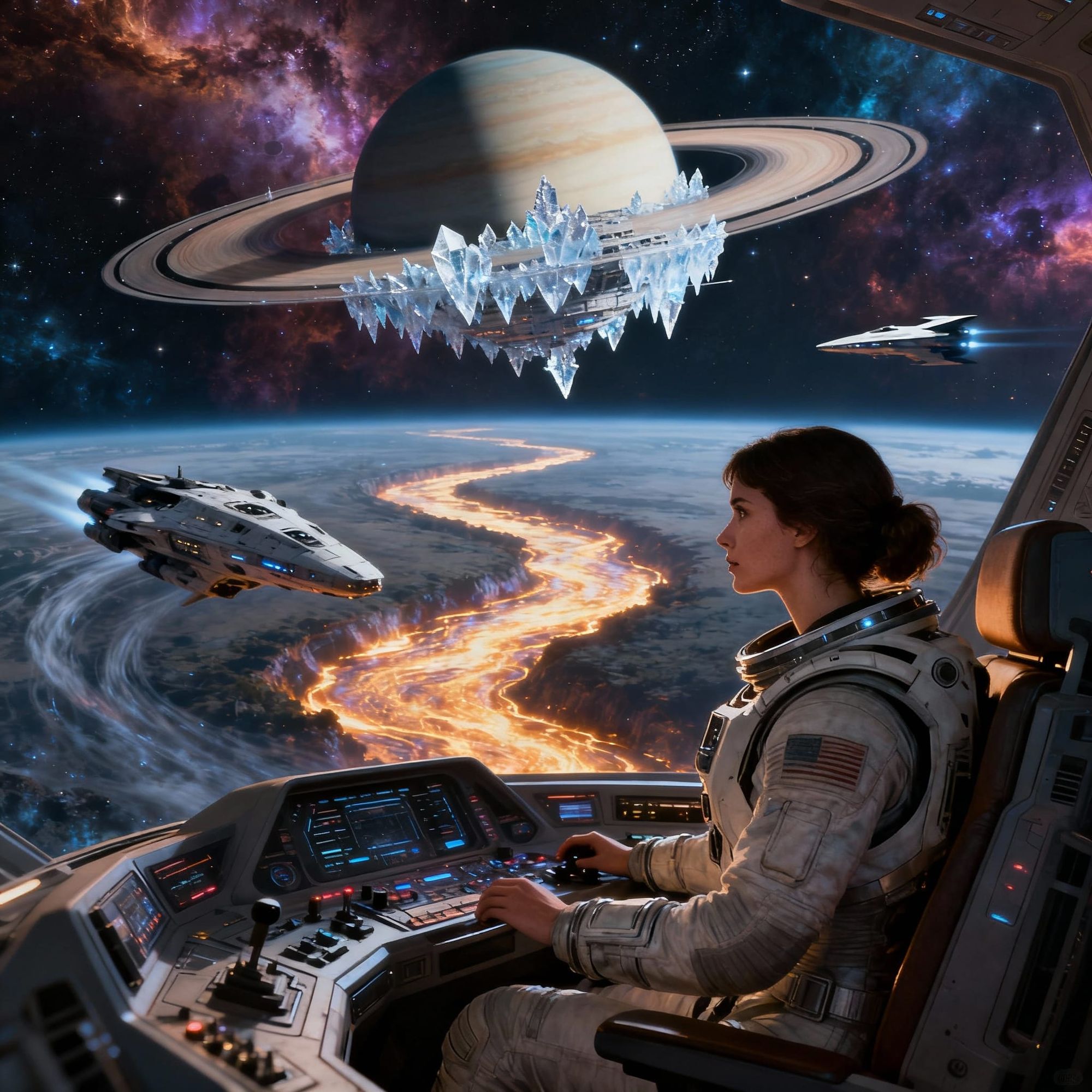 A single beautiful female astronaut in profile at her Bridge controls, a sweeping panoramic views creek behind and in front of her as her sh...