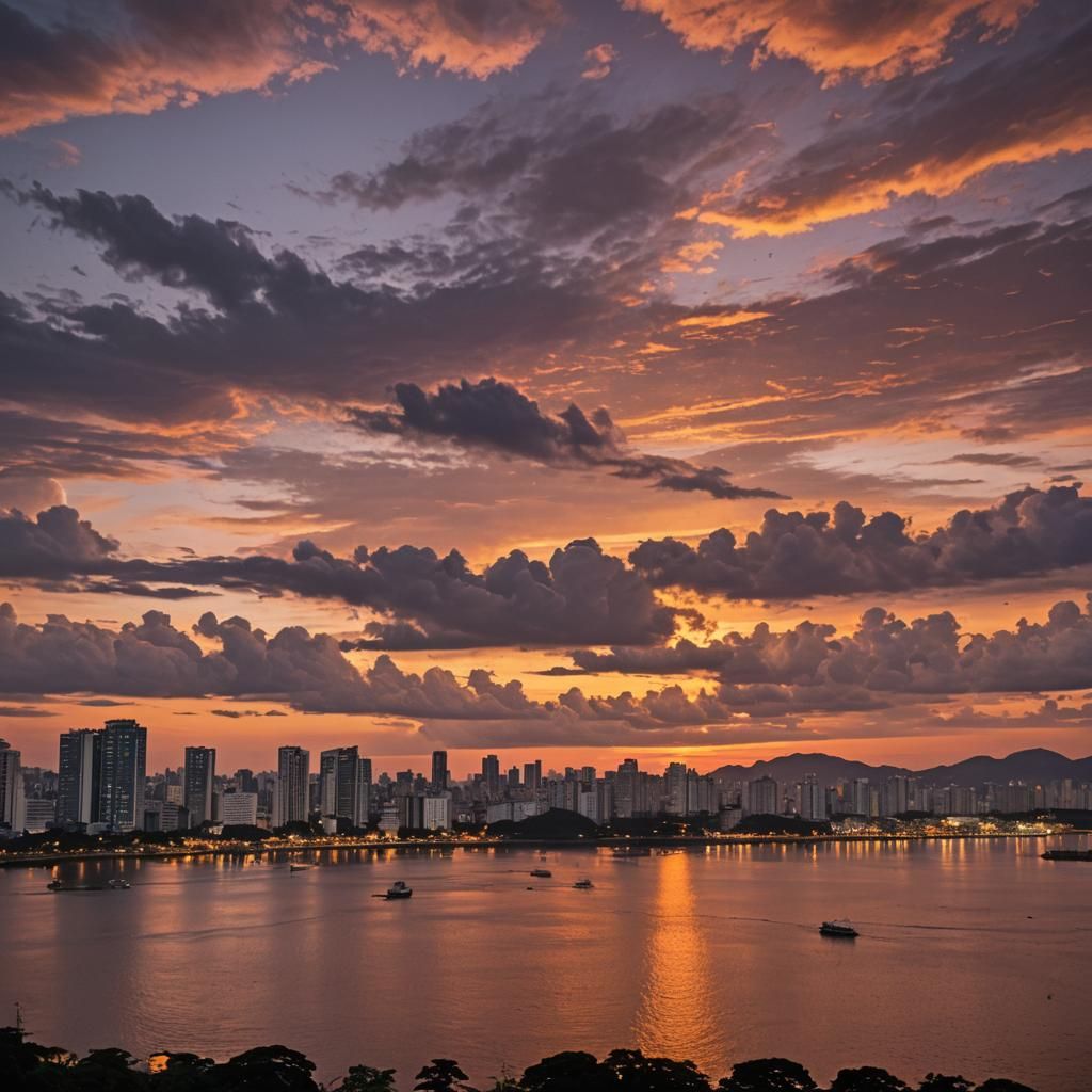 Stunning sunset over a Brazilian city from the 90s. On the h...