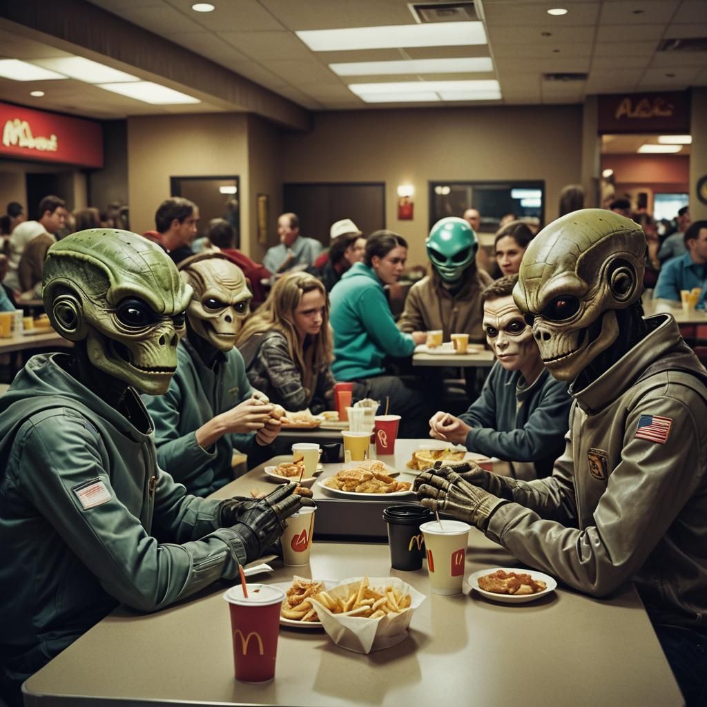 Humans and small Aliens sitting at the same table, eating at McDonald’s in Roswell, New Mexico  by @Mauve Marauder