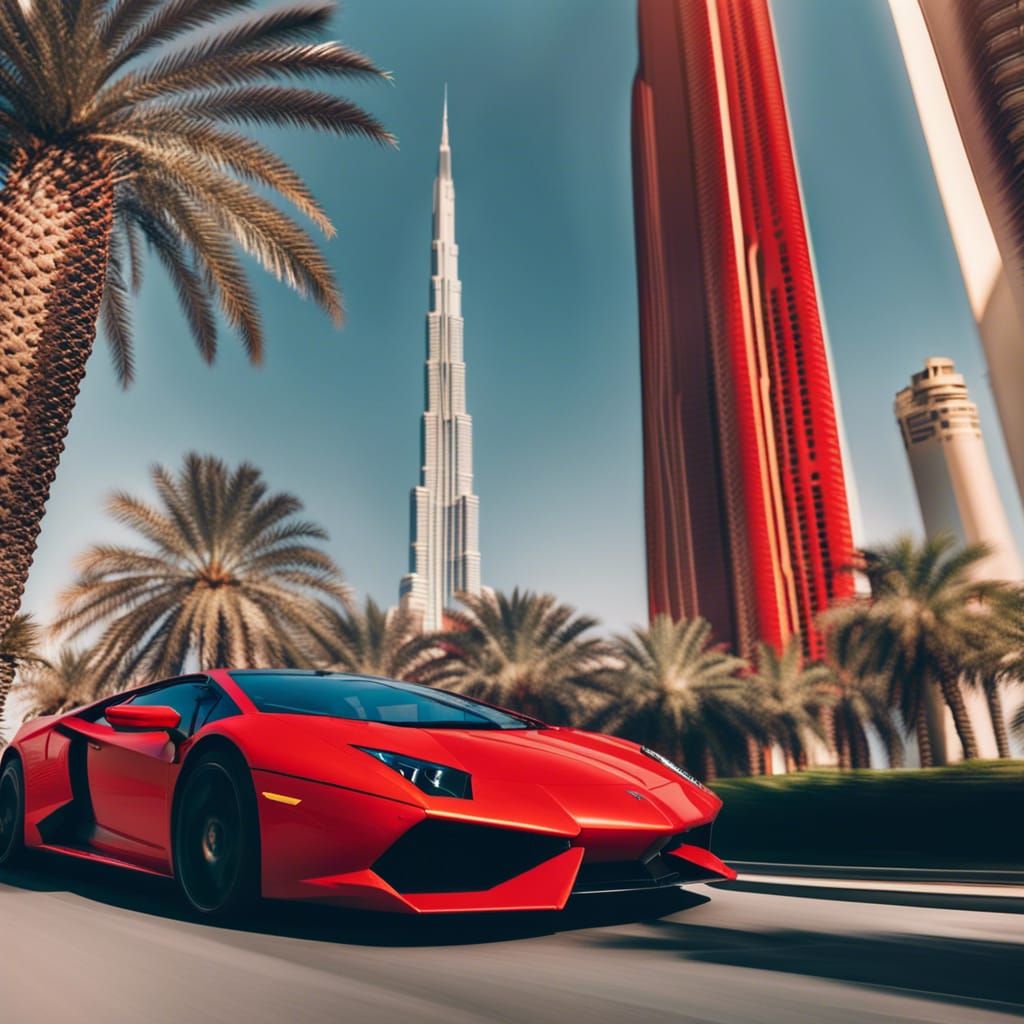 Red lambo driving in Dubai - AI Generated Artwork - NightCafe Creator