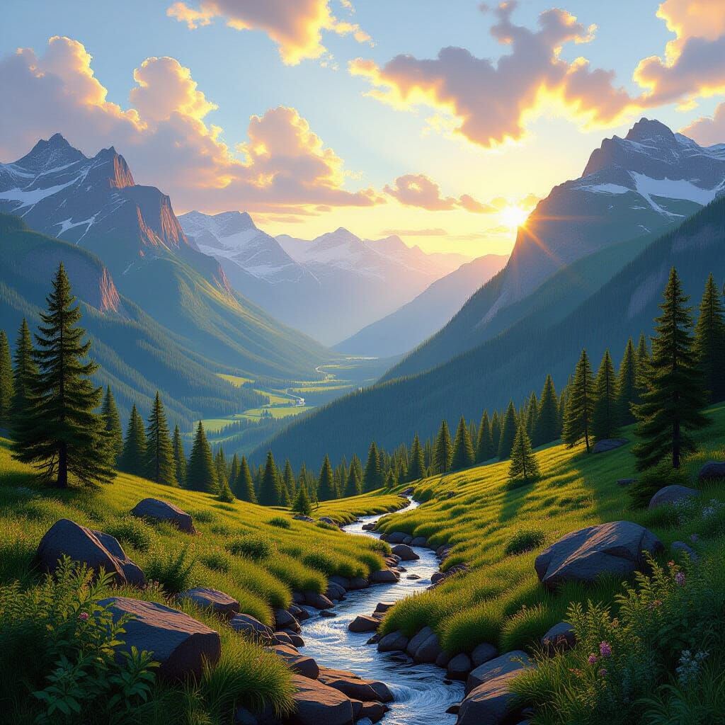 Golden Hour Mountain Summit Overlooking Lush Valley