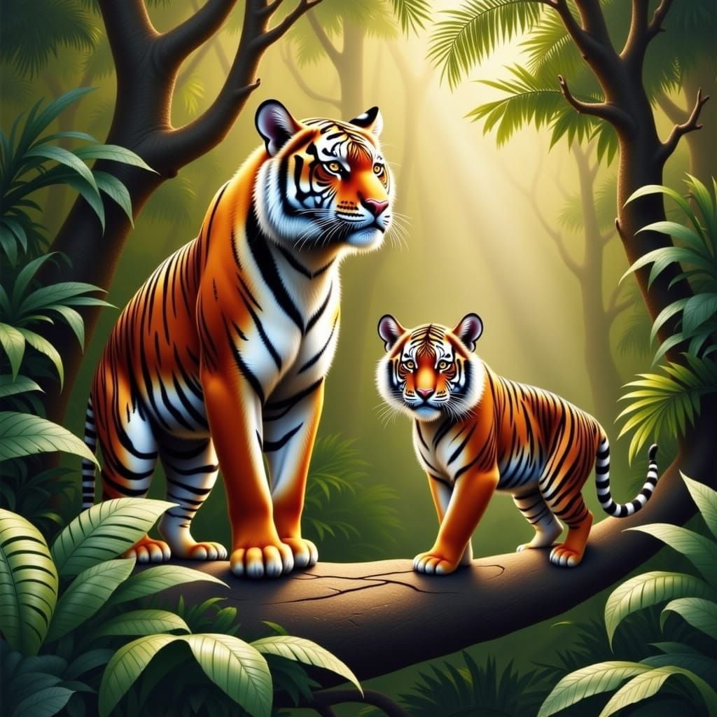 Bengal Tiger in Misty Ancient Rainforest at Dawn