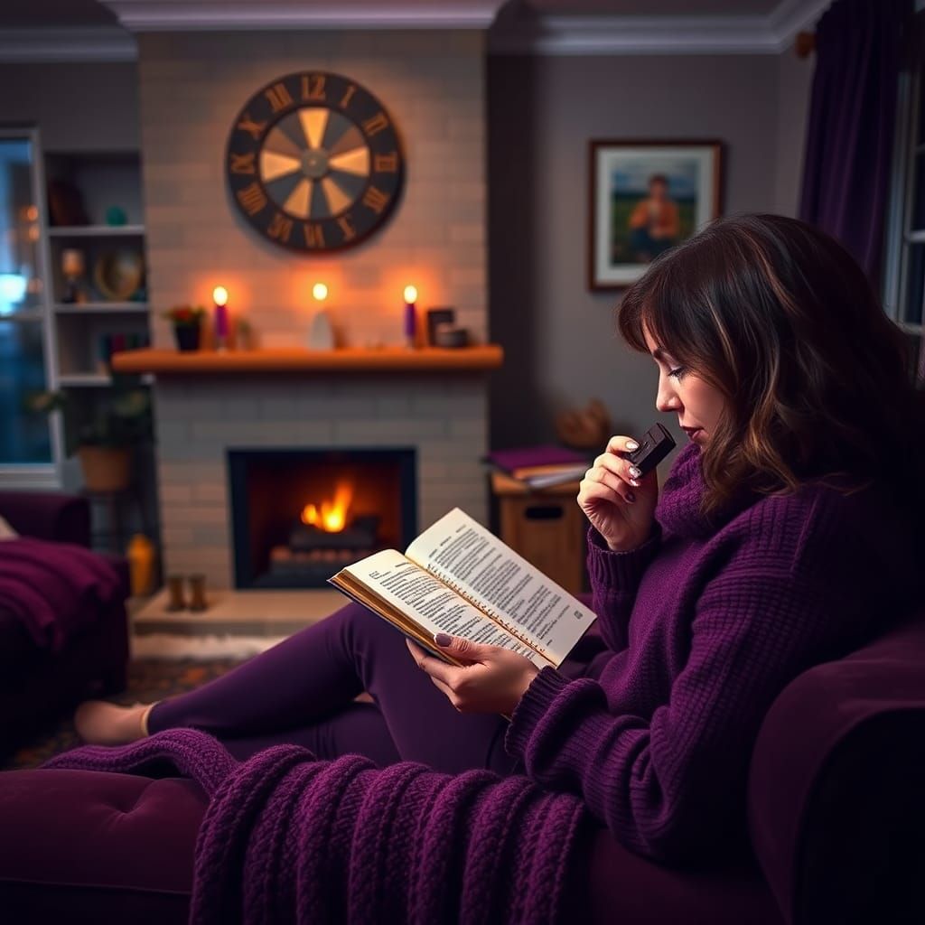 a highly detailed image of a peacefull living room. a lovely fireplace. a dark purple couch with purple blankets. a woman wearing warm purpl...