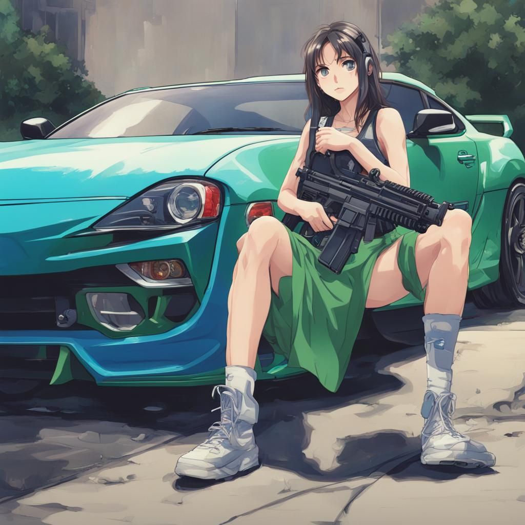 anime girl with a m-16 right next to a green and blue toyota supra mk4