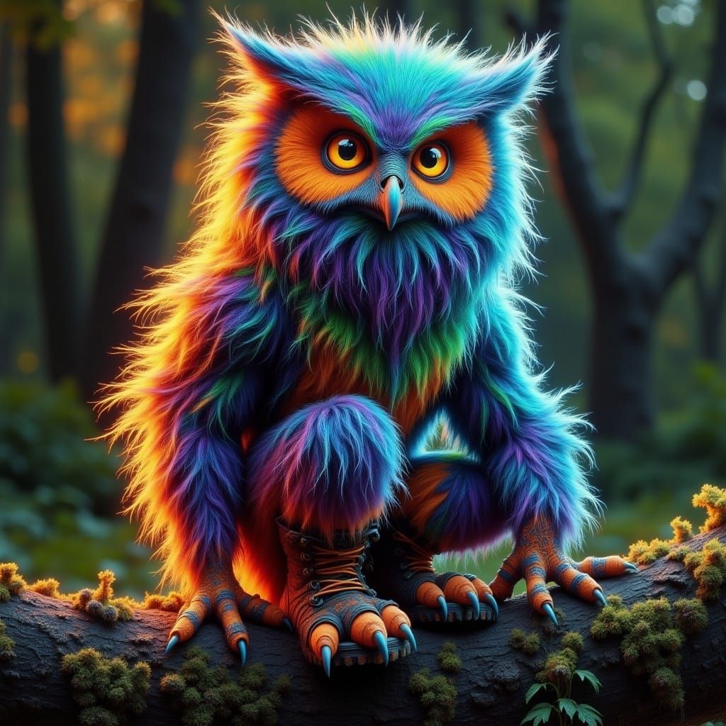 <lora:-Psywolf-:1.0> a cute colorful fluffy baby owl sitting on a trunk
