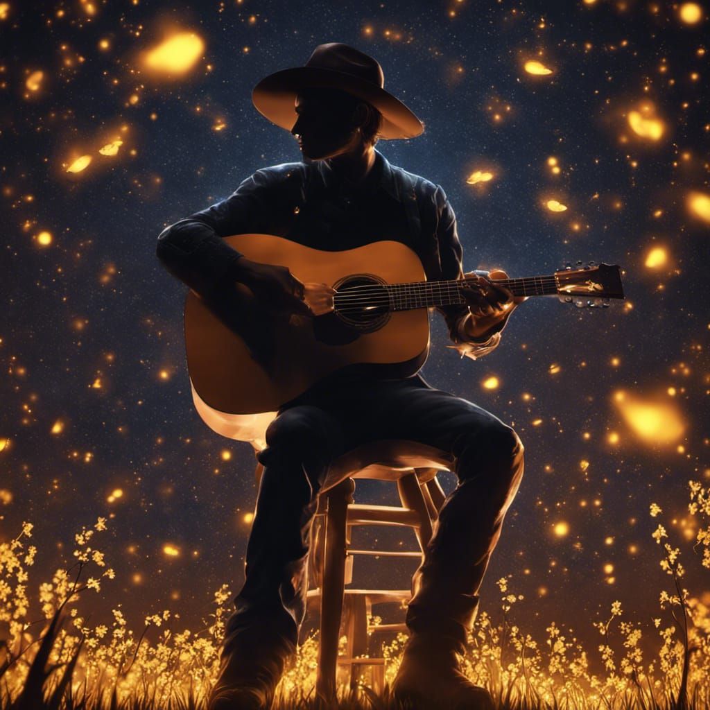 Silhouette of a cowboy playing an acoustic guitar with a field of ...