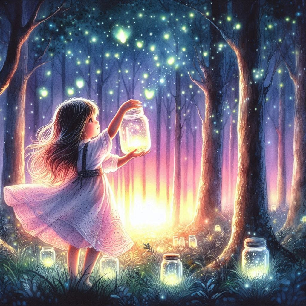 Watercolor painting of a little girl releasing a jar of biol...