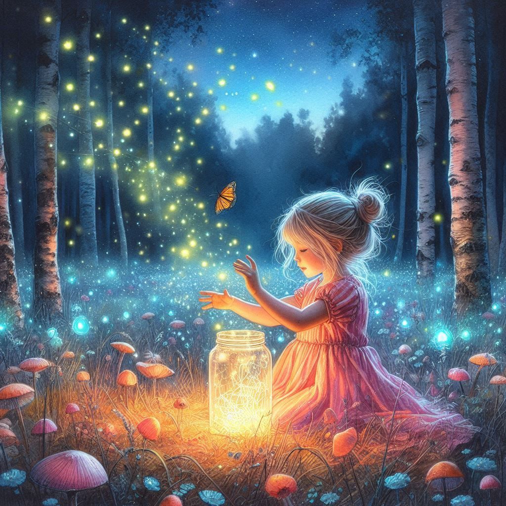 Watercolor painting of a little girl releasing a jar of bioluminescent fireflies