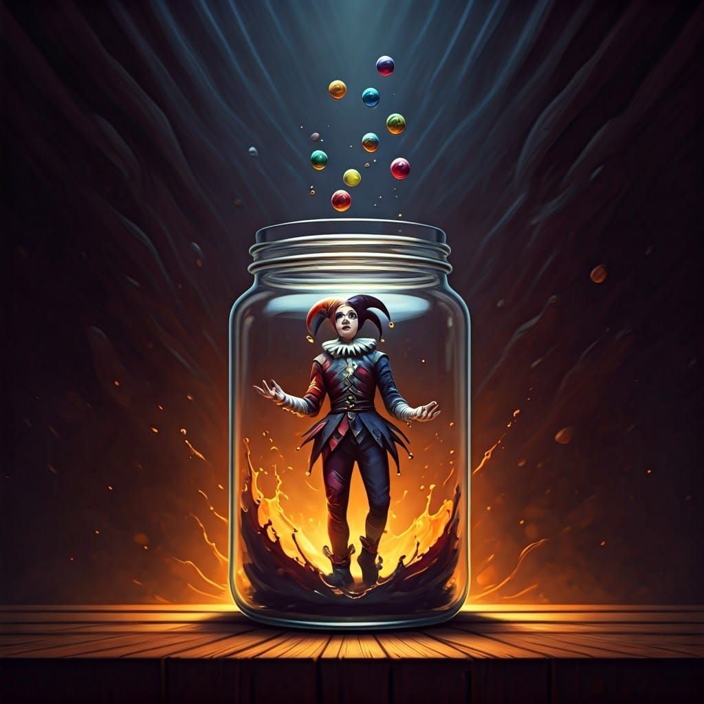 in a glass transparent jar a jester juggles multi-colored charms. the balls fly out of the jar and return back