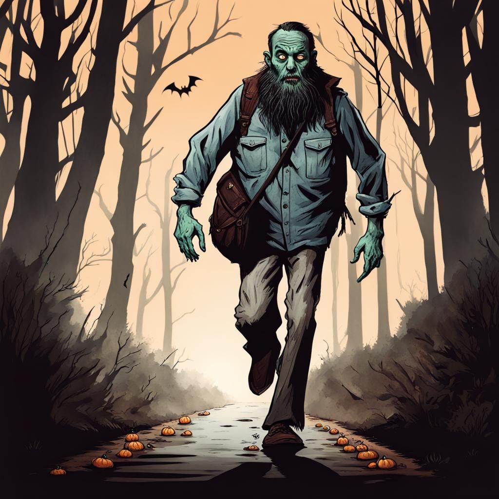 halloween version of Forest Gump, in the style of nightmarish illustrations, speedpainting, zombiecore, heavy inking, ni...