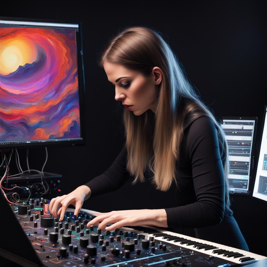 Becca creating a masterpiece using her Tera Pro synthesizer,...