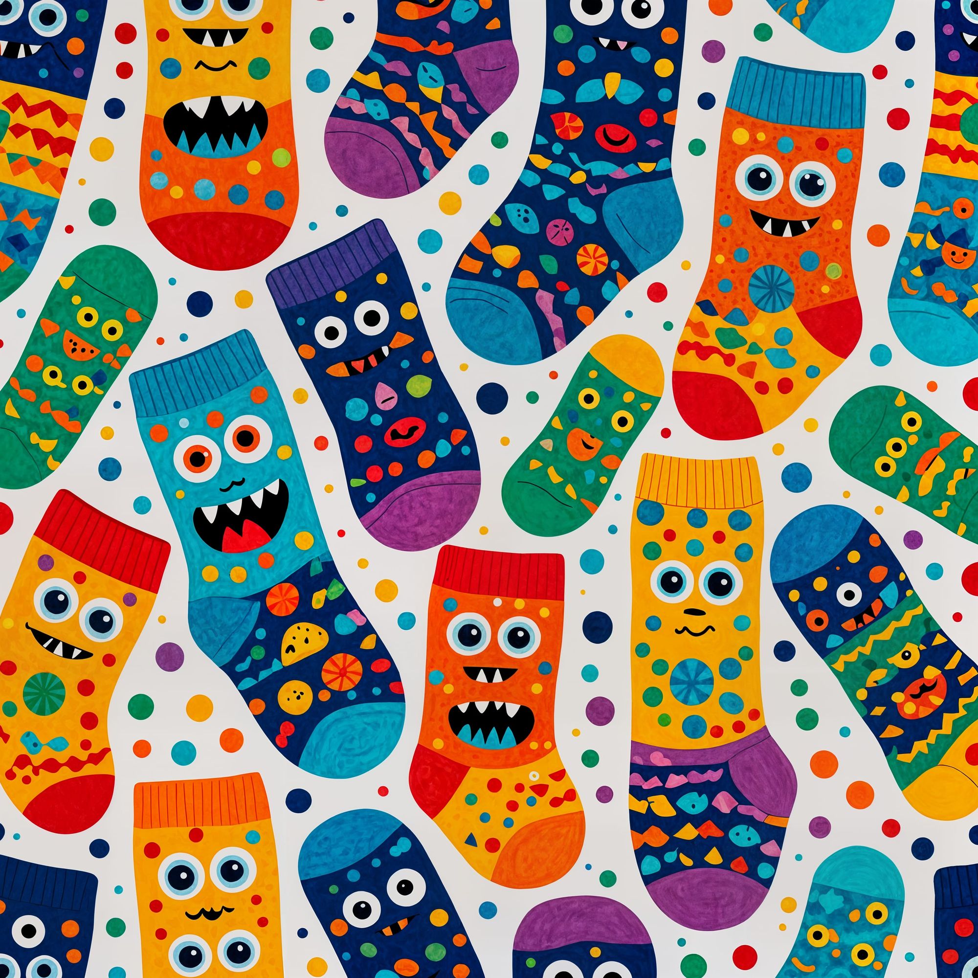 Socks with a repeating pattern of tiny, whimsical monsters made of colorful yarn. The monsters have big, googly eyes 