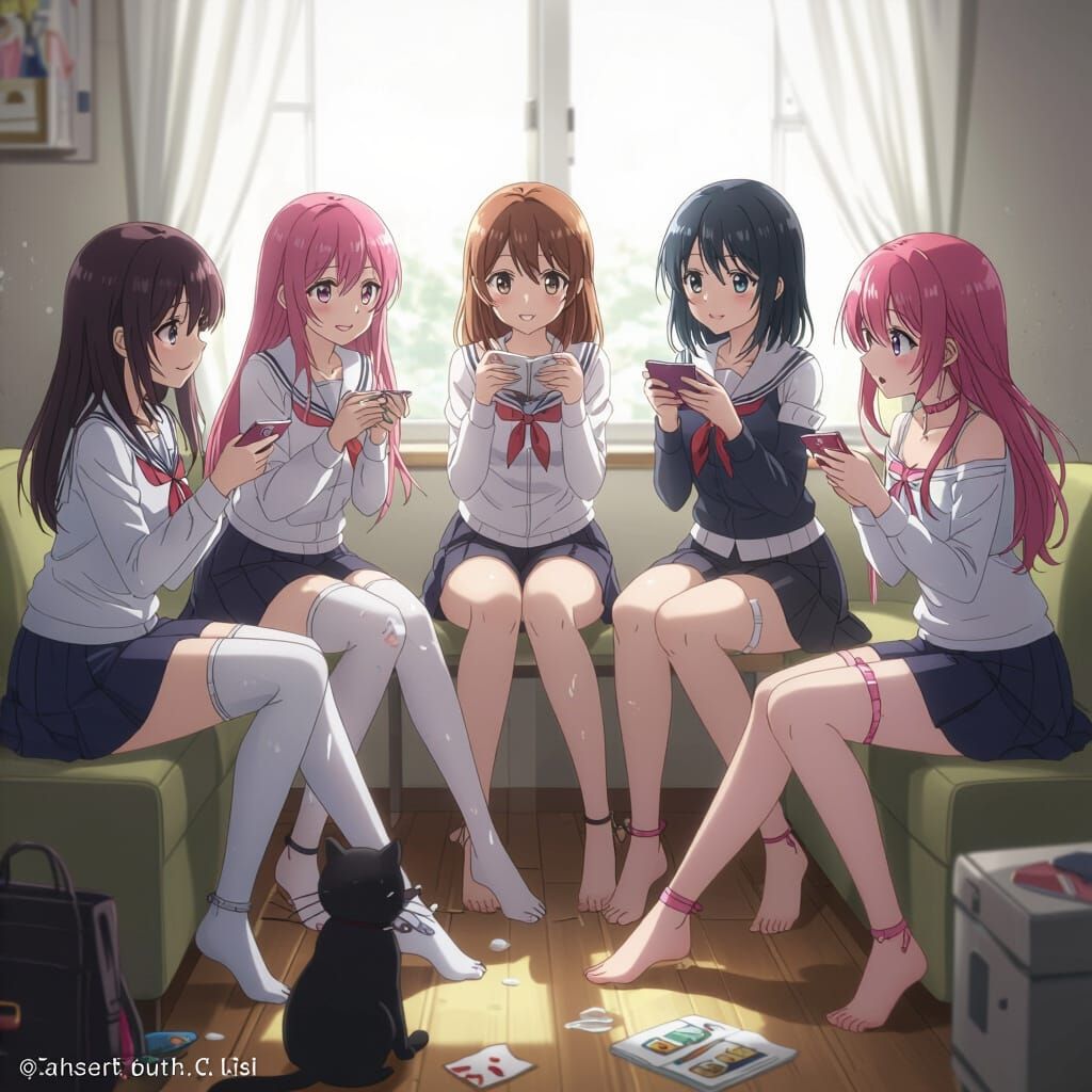 Anime College Girls Playful Game Scene Smartphone Aesthetic