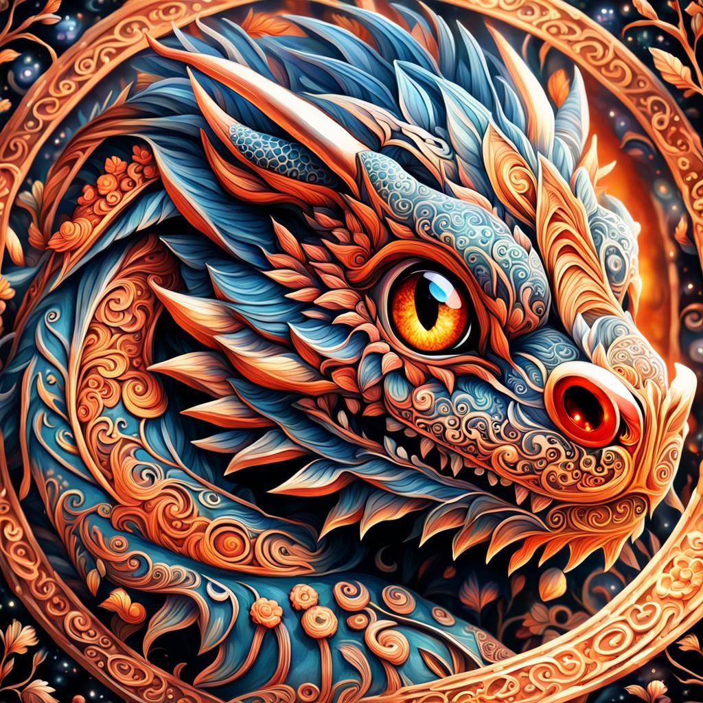 dragon, filigree, lovely eyes, reflective eyes, red and orange skin with black stripes, intricate extremely ...  by @undefined
