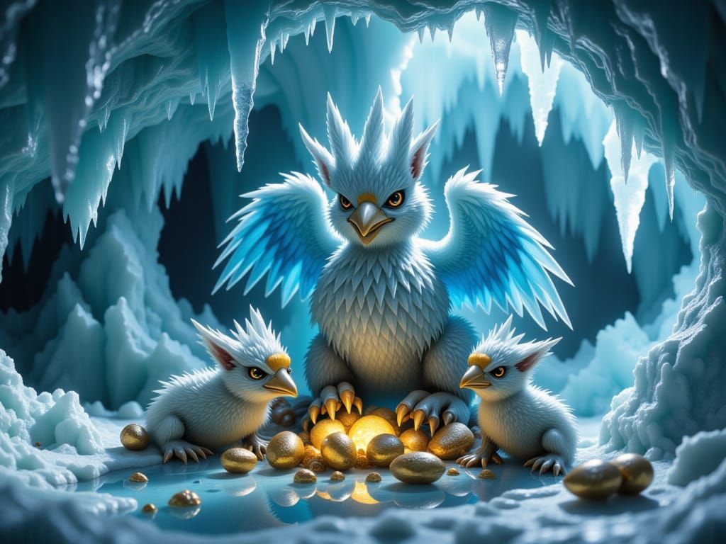 Deep in a frozen ice den, cute baby gryphons hatch from golden eggs as their mother gryphon watches lovingly, perfect composition, hyperdeta...
