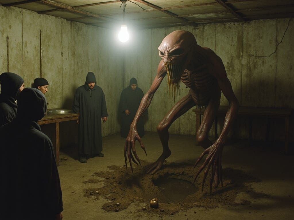 🧱 The Thing Beneath the Basement (Photorealistic)
The basement is unfinished—bare concrete walls, rusted laundry sink, a single dangling bul...