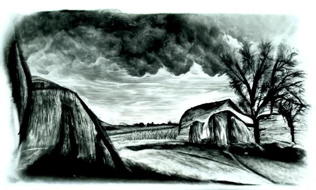 Iowa landscape in charcoal drawing style