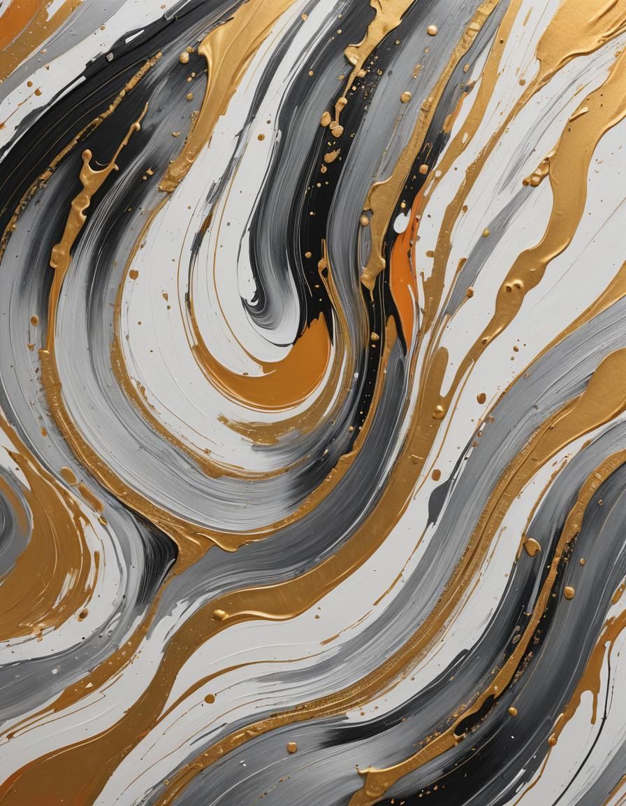 The painting is an abstraction of gold, white, orange and si...