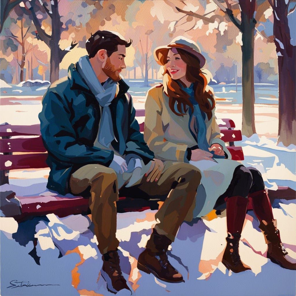 Couple in Snowy Park: Gouache-Style Digital Art