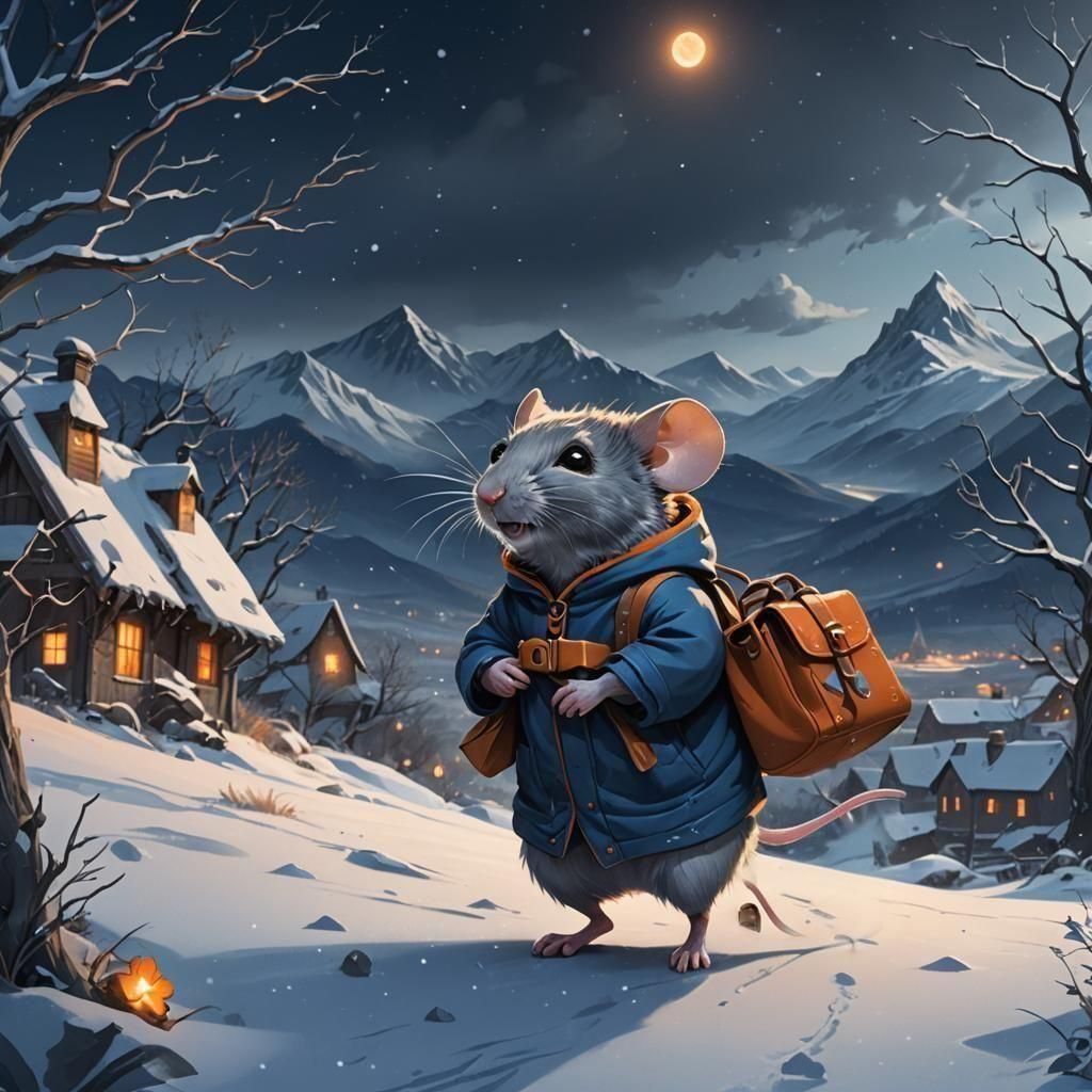 swirling wind, fierce wind blowing snow around a small grey mouse carrying a bag, snowy windswept valley, night, snow swirling around, snow...