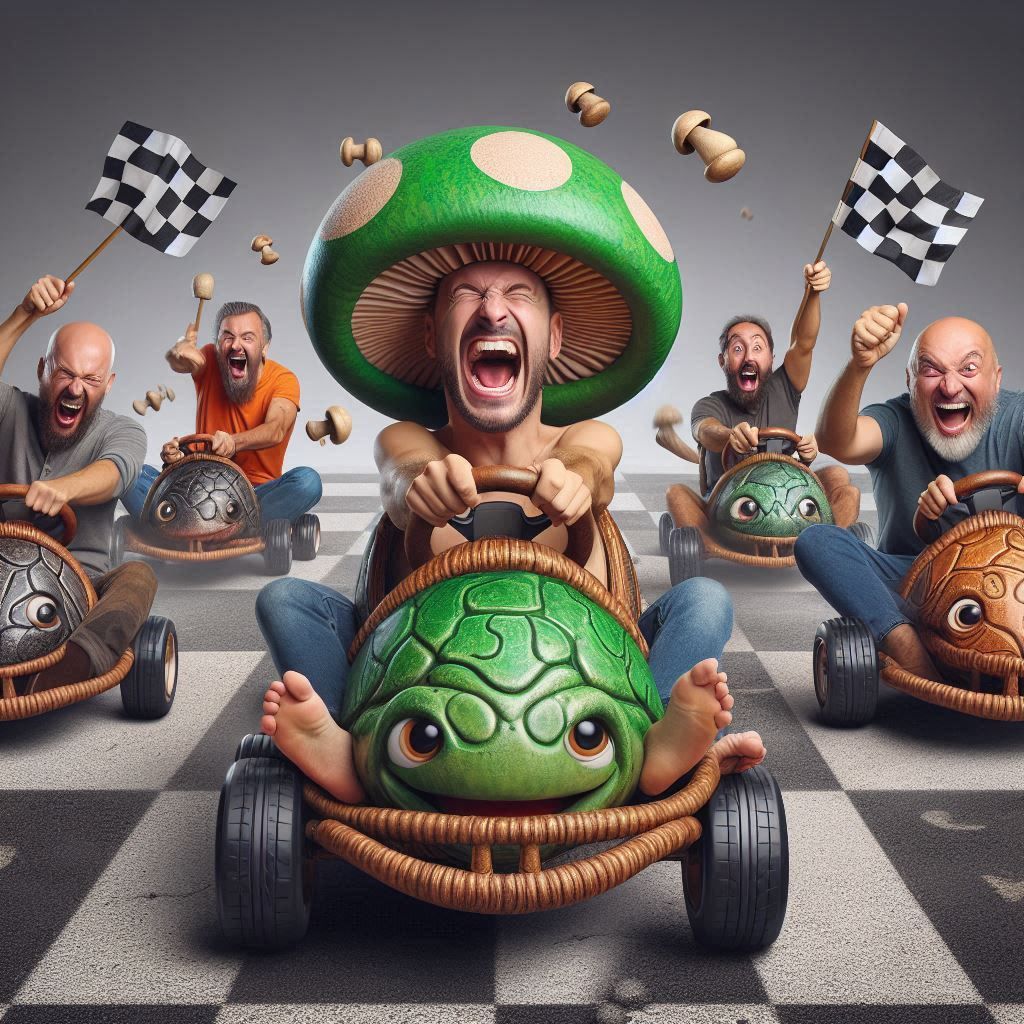 the crazy mushroom races in a car in the shape of a snail and beats the other participants laughing madly